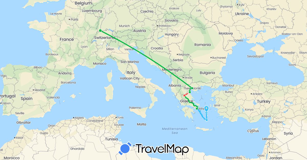 TravelMap itinerary: driving, bus, train, hiking, boat, taxi in France, Greece (Europe)