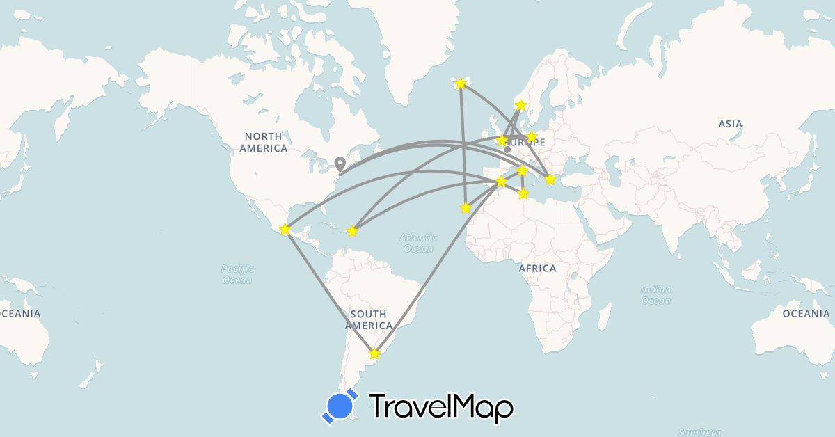 TravelMap itinerary: driving, plane in Argentina, Germany, Dominican Republic, Spain, France, United Kingdom, Greece, Iceland, Mexico, Norway, Tunisia, United States (Africa, Europe, North America, South America)